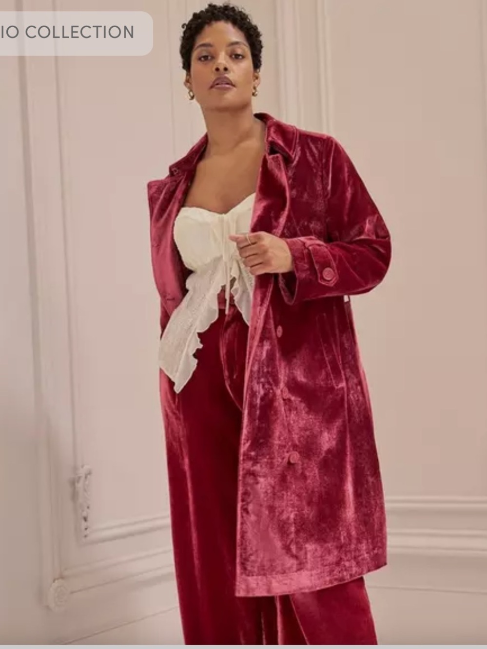 Torrid double breasted velvet trench coat with matching wide leg pants